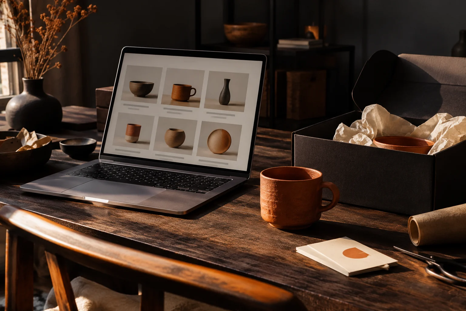 A laptop product catalogue and packaging at an online shop workspace