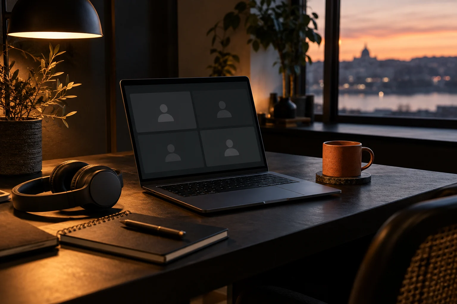 A quiet remote meeting workspace with headphones and a laptop