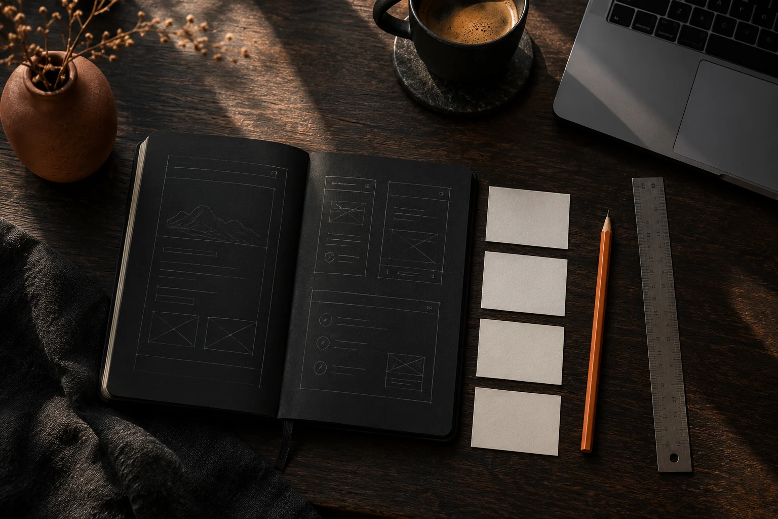 A black project notebook, wireframes and planning cards