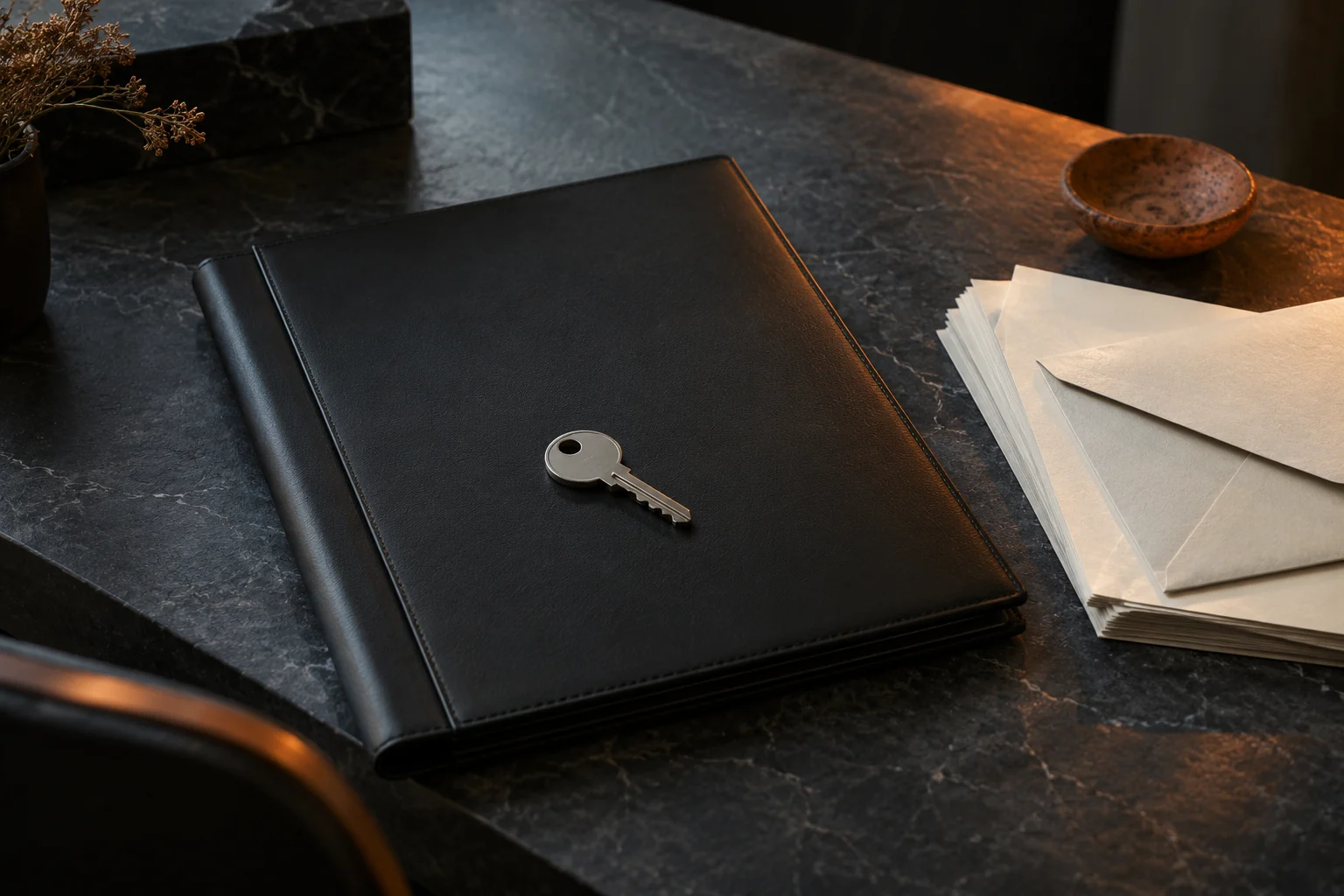 A document folio, cream papers and a key on dark stone