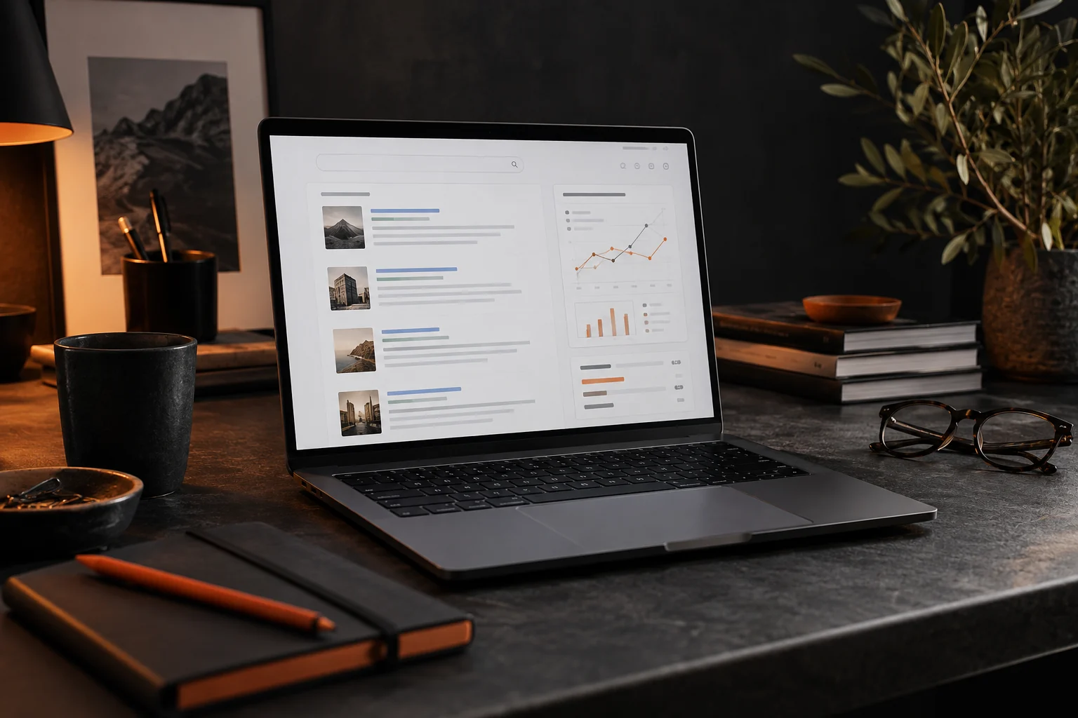 A search and analytics workspace with a laptop and notebook